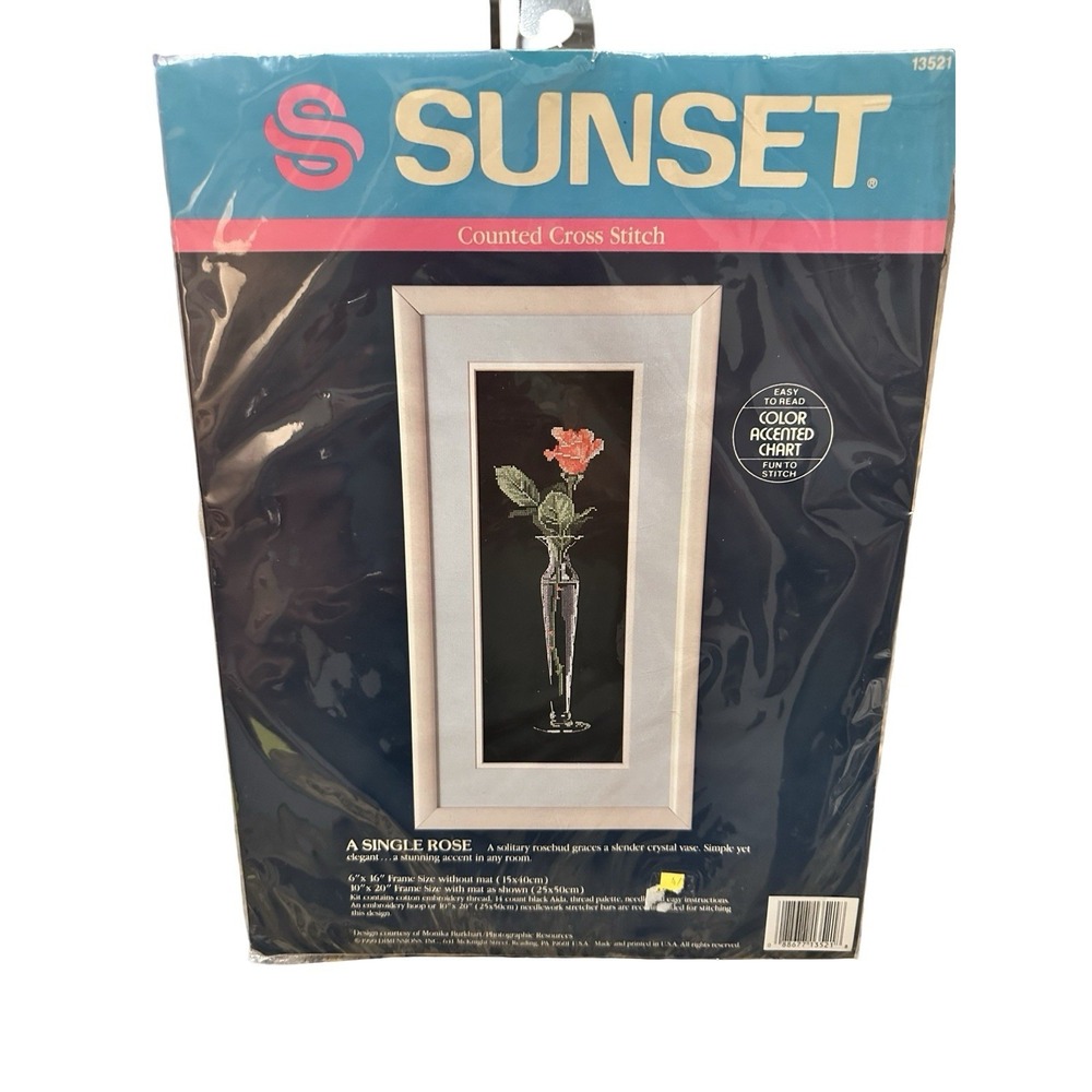 Vtg 1990 Sunset Cross Stitch Kit A SINGLE ROSE # 13521 Finish Size 6"x16"‎ New